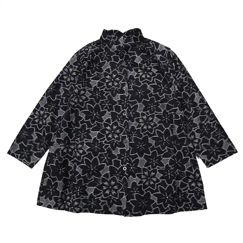 儀右ヱ門 久留米かすり 前開きブラウス タ544 フラワー黒/白